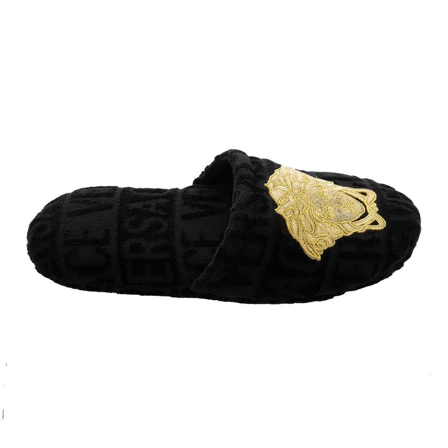 Versace Home Wellbeing Gifts | Logomania Slippers - Black/Gold/Bronze