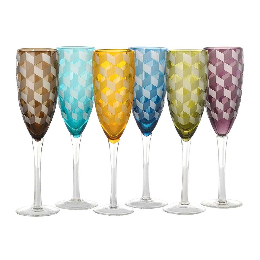 Pols Potten Champagne Flutes & Saucers | Blocks Multicolour Champagne Glasses - Set Of 6