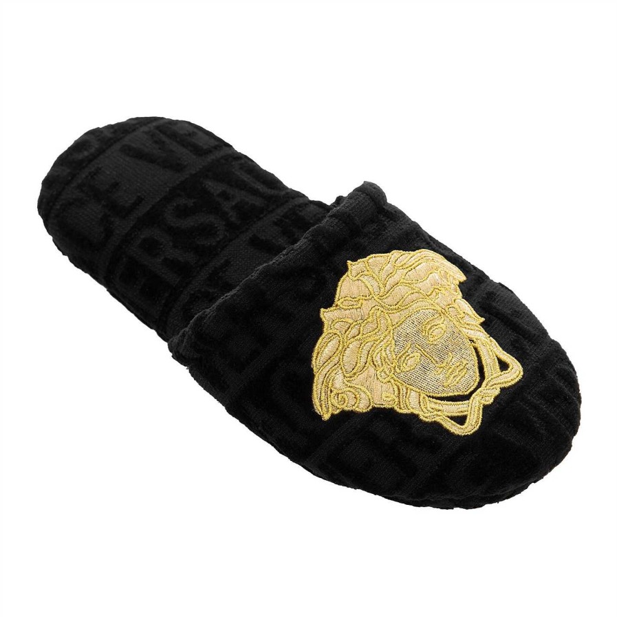 Versace Home Wellbeing Gifts | Logomania Slippers - Black/Gold/Bronze